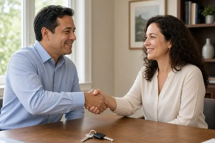 Homeowner and cash buyer shaking hands at closing with keys on the table
