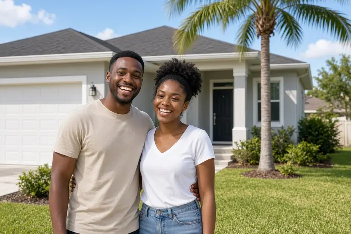 Happy couple outside a Tampa house after a fast cash offer