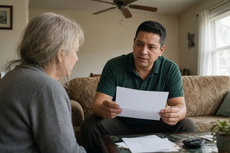 Homeowner reviewing a cash offer with a local buyer at home